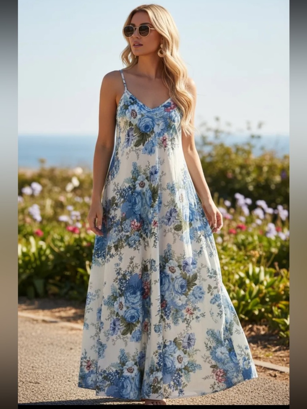 MADE IN ITALY Floral Spaghetti-Strap Maxi Dress in Cream and Rose - Picture 3 of 4